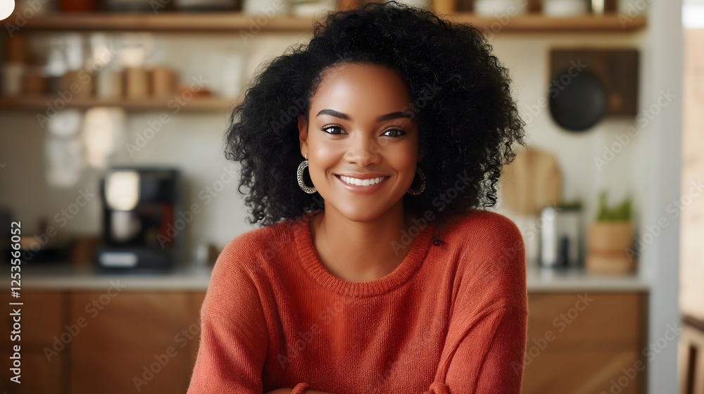 Smiling African-American Woman in Orange Sweater with Curly Hair at Home Smiling African-American Woman in Orange Sweater with Curly Hair at Home