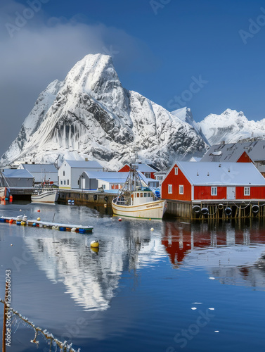 Obraz na płótnie Hamnøy Hafen im Winter auf den Lofoten, Generative AI w salonie