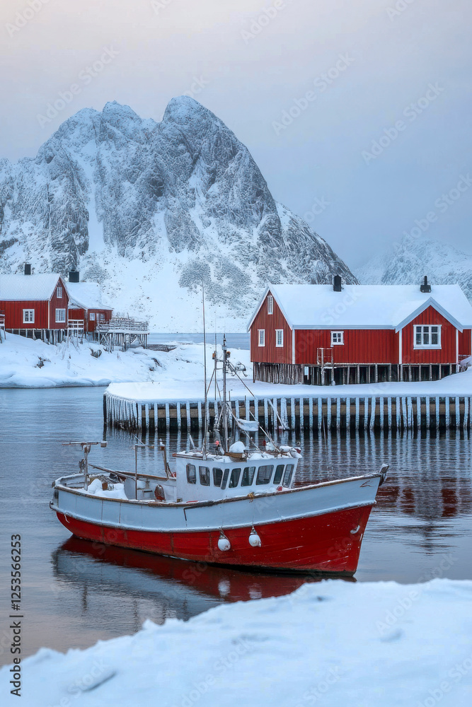 Hamnøy Hafen im Winter auf den Lofoten in der Dämmerung, Generative AI