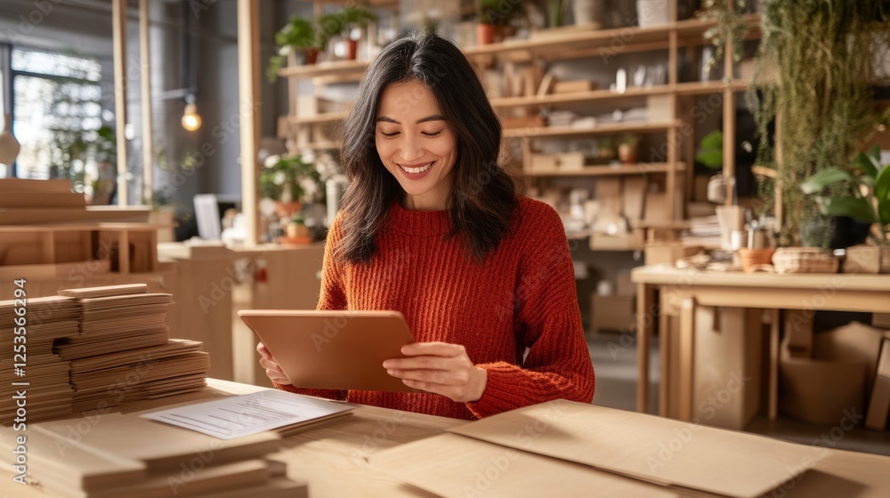 Fototapeta premium Modern image of a smiling patient filling out forms on a tablet