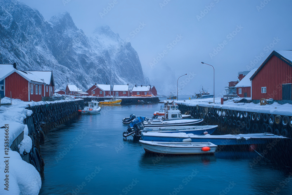 Hamnøy Hafen im Winter auf den Lofoten in der Dämmerung, Generative AI