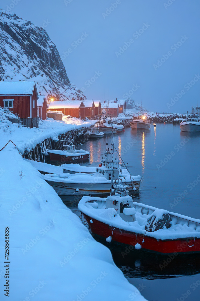 Hamnøy Hafen im Winter auf den Lofoten in der Dämmerung, Generative AI