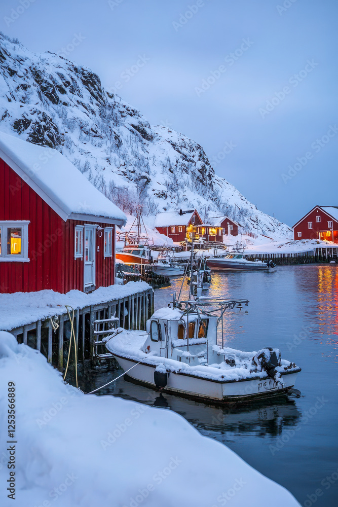 Hamnøy Hafen im Winter auf den Lofoten in der Dämmerung, Generative AI