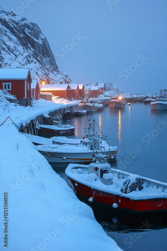 Obraz na płótnie Hamnøy Hafen im Winter auf den Lofoten in der Dämmerung, Generative AI w salonie