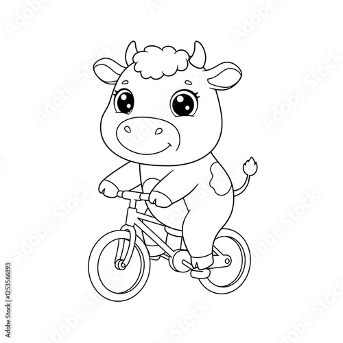 Cute cow riding a bike colorign page, perfect for children's coloring.