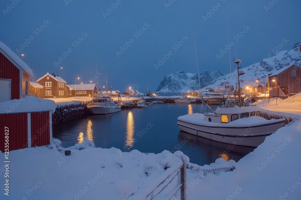 Hamnøy Hafen im Winter auf den Lofoten in der Dämmerung, Generative AI