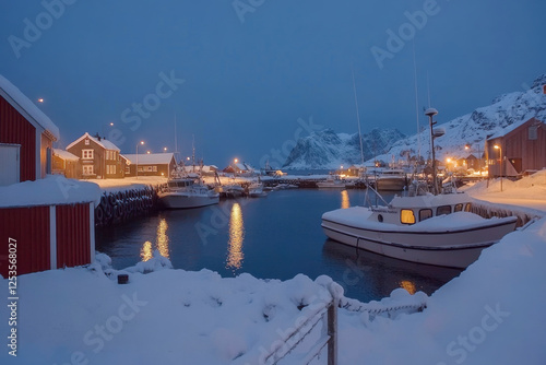 Obraz na płótnie Hamnøy Hafen im Winter auf den Lofoten in der Dämmerung, Generative AI w salonie
