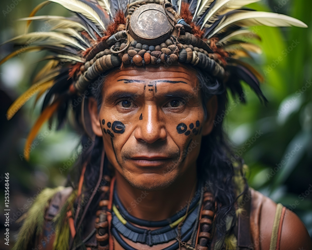 Portrait eines indigenen älteren Mannes mit Kopfschmuck Stammeshäuptling, Indianer, Federschmuck, Generative AI
