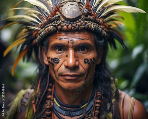 Obraz na płótnie Portrait eines indigenen älteren Mannes mit Kopfschmuck Stammeshäuptling, Indianer, Federschmuck, Generative AI w salonie