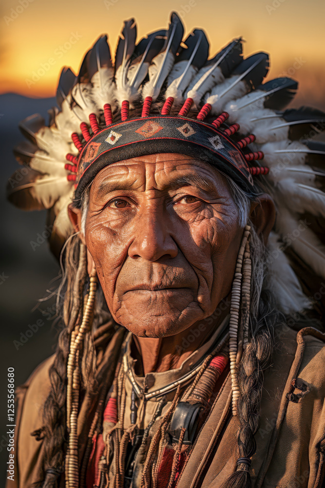 Portrait eines indigenen älteren Mannes mit Kopfschmuck Stammeshäuptling, Indianer, Federschmuck, Generative AI