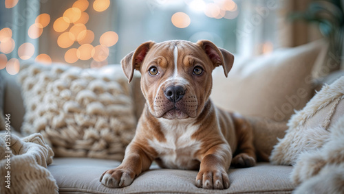 Cucciolo di cane di razza Pittbull seduto sul divano di casa photo