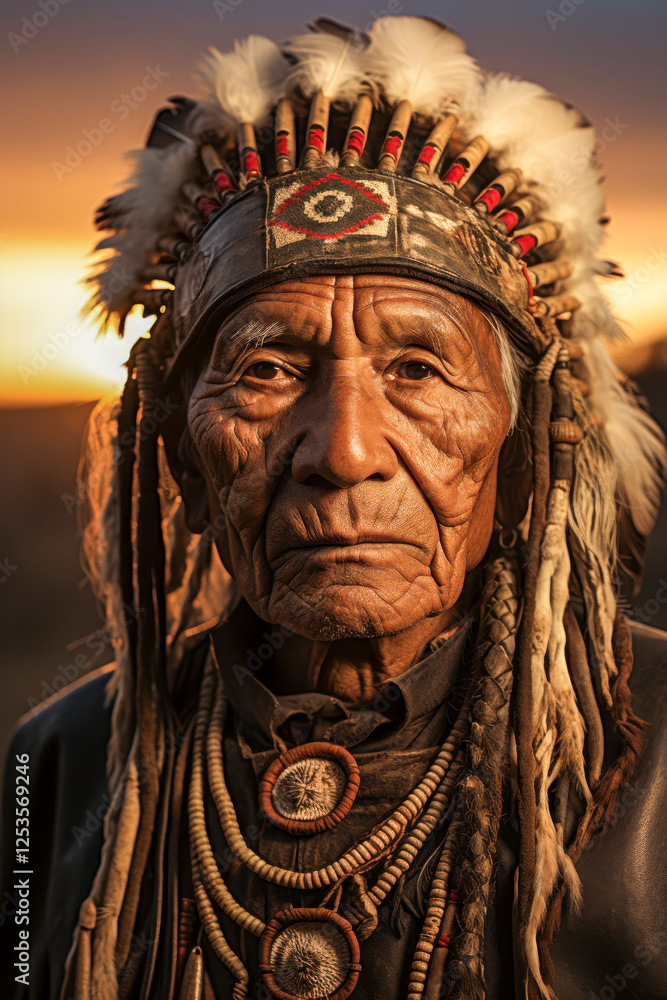 Portrait eines indigenen älteren Mannes mit Kopfschmuck Stammeshäuptling, Indianer, Federschmuck, Generative AI