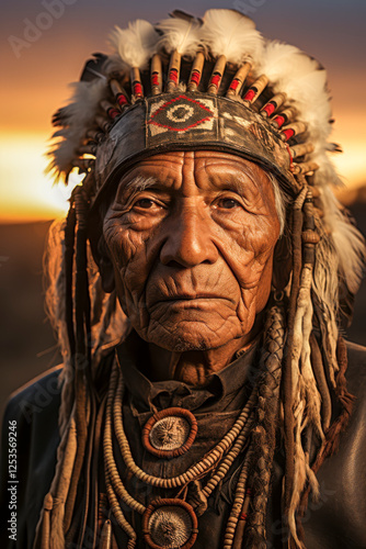 Obraz na płótnie Portrait eines indigenen älteren Mannes mit Kopfschmuck Stammeshäuptling, Indianer, Federschmuck, Generative AI w salonie