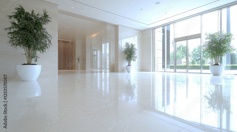 Fototapeta premium Modern building lobby, bright interior, plants, glass doors, daytime