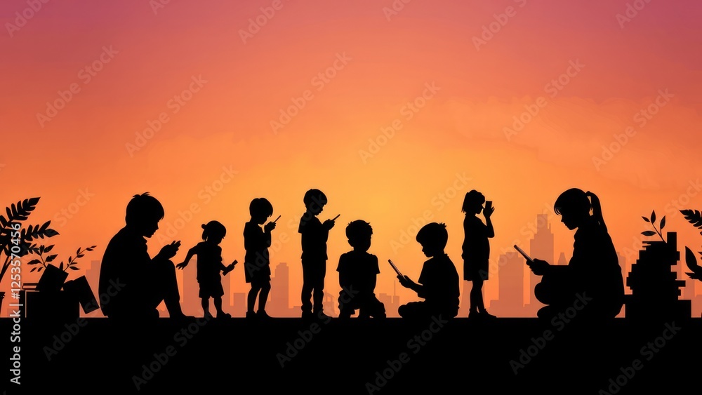 Children Engaged in Digital Activities Against Sunset City Background Children Engaged in Digital Activities Against Sunset City Background
