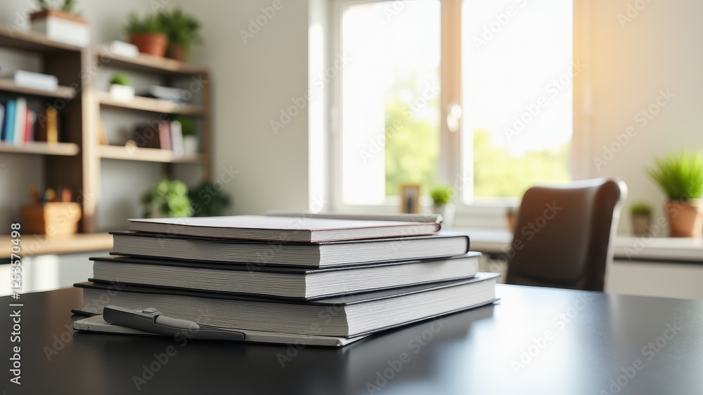 Notebook Stack Mockup, Study room with a stack of varied notebooks on black table. Notebook Stack Mockup, Study room with a stack of varied notebooks on black table.