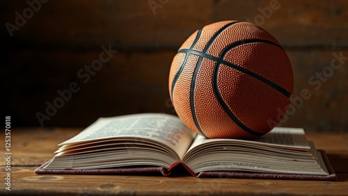 Basketball Resting on Open Book with Wooden Background