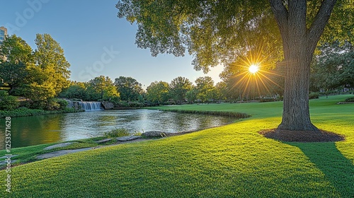 Sunrise over park with waterfall and tranquil lake photo