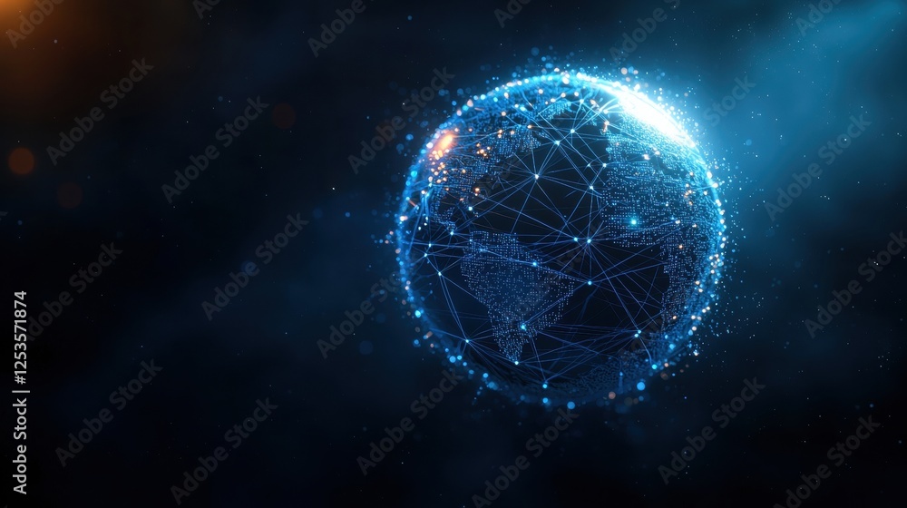 Obraz premium A glowing, interconnected globe composed of blue light particles against a dark background, symbolizing global connectivity and technology.