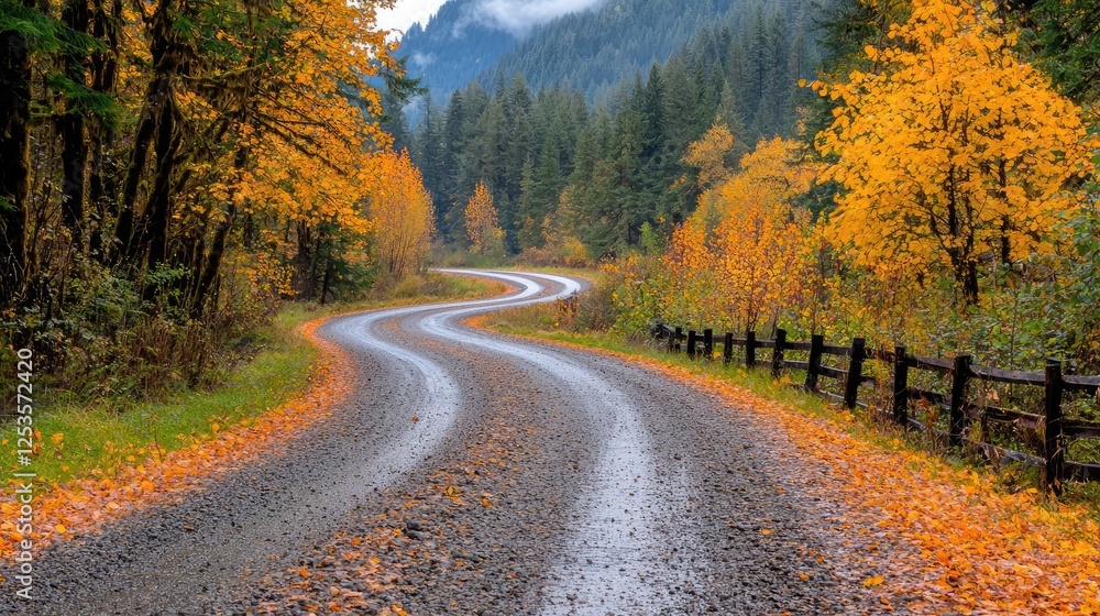 Naklejka premium Winding autumn road through forest, leaves, travel