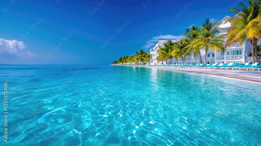Tropical beach resort pool, turquoise ocean, palm trees Tropical beach resort pool, turquoise ocean, palm trees