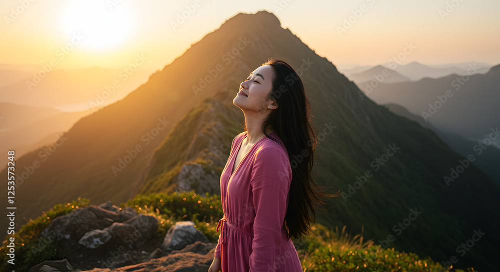 Naklejka premium Liberated Woman on a Mountain, Looking Up and Freeing Her Mind from Worries