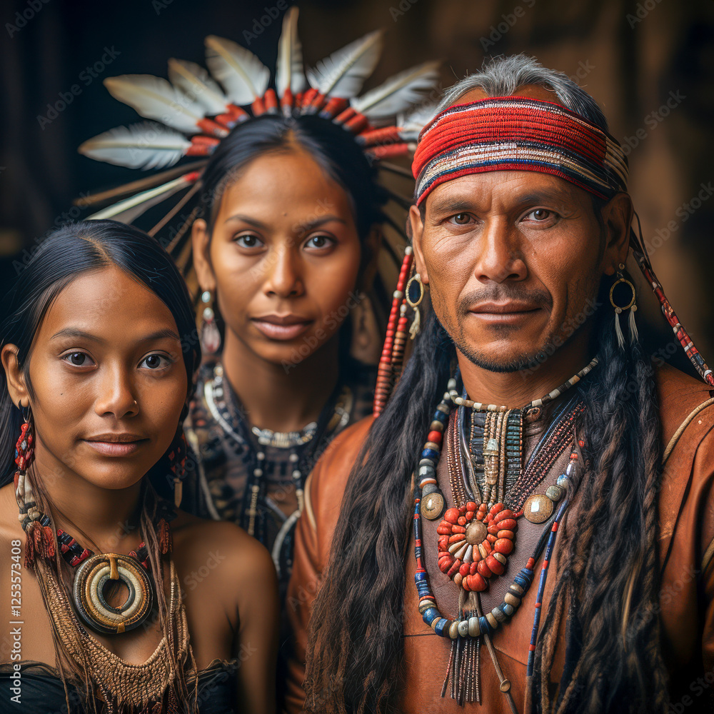 Indigene Familie in traditioneller Kleidung, Indianer, Generative AI