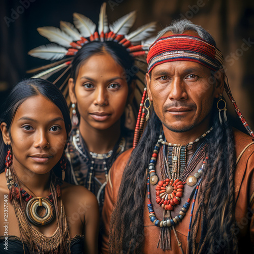 Obraz na płótnie Indigene Familie in traditioneller Kleidung, Indianer, Generative AI w salonie