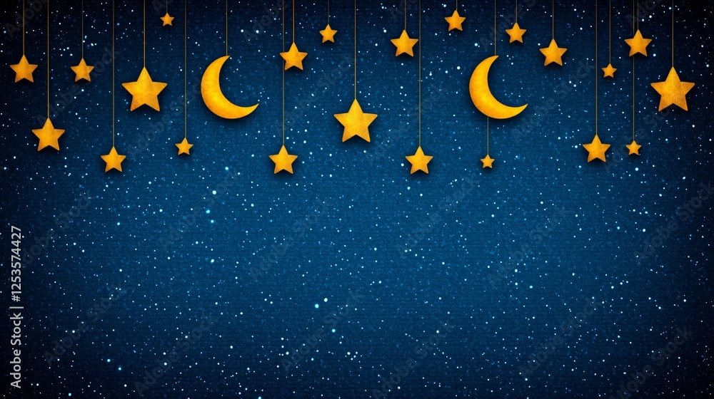 Fototapeta premium Magical Night Sky Background Golden Stars Crescent Moons Twinkling Night
