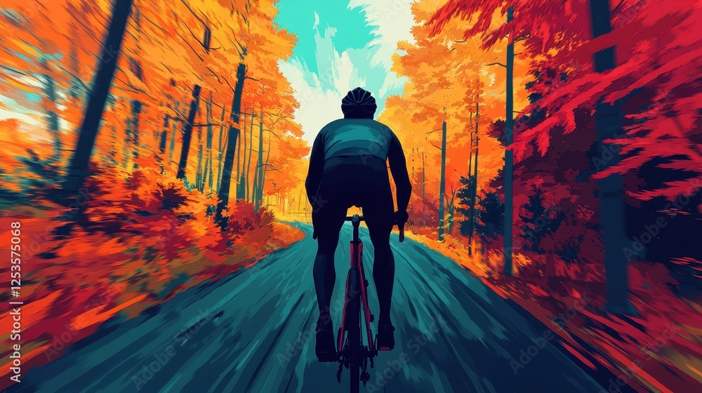 Cyclist Riding on Scenic Autumn Road Surrounded by Colorful Trees Cyclist Riding on Scenic Autumn Road Surrounded by Colorful Trees