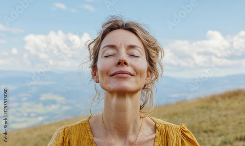 smiling woman closing eyes and breathing through nose