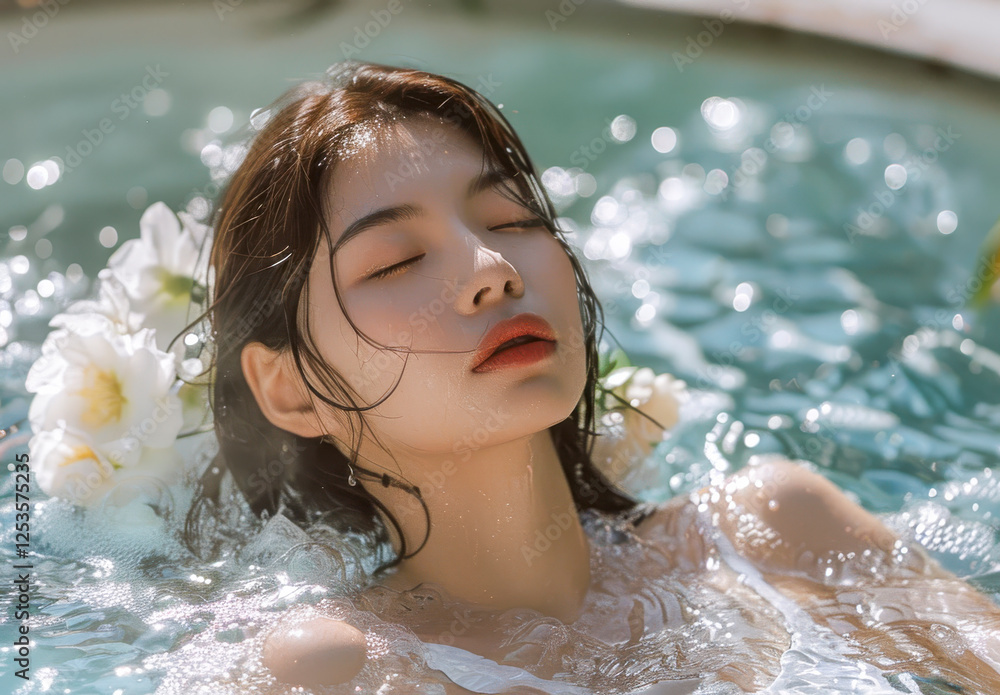 Schöne asiatische Frau entspannt sich im Whirlpool, Wellness, Spa, Generative AI