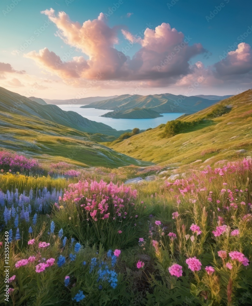 Fototapeta premium Morning light paints the mountain lake with reflections of sky and clouds
