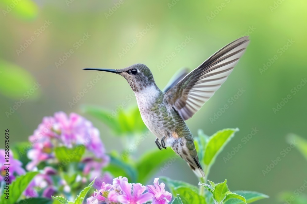 Fototapeta premium bird hummingbird in flight over flowering plants in spring motion
