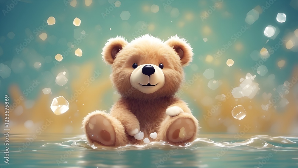 illustration of a little bear in the water with bokeh background. Abstract background with honey bear or stuffed animal illustration of a little bear in the water with bokeh background. Abstract background with honey bear or stuffed animal