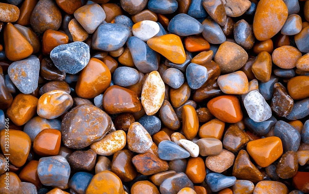 Close-up of multi-hued stones in rich brown, blue, and orange with smooth texture for natural and abstract stone design backgrounds Close-up of multi-hued stones in rich brown, blue, and orange with smooth texture for natural and abstract stone design backgrounds
