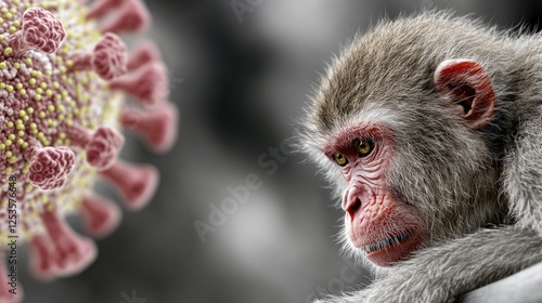 Viral threats from primates: background of monkey-related viruses such as monkeypox, SIV, rabies, Ebola, herpes B, yellow fever, focusing on zoonotic transmission, impact on human health. photo