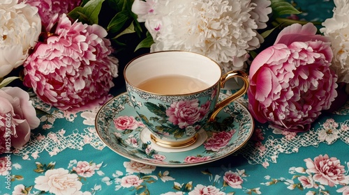 Fototapeta Naklejka Na Ścianę i Meble -  Elegant tea cup with floral design surrounded by peonies