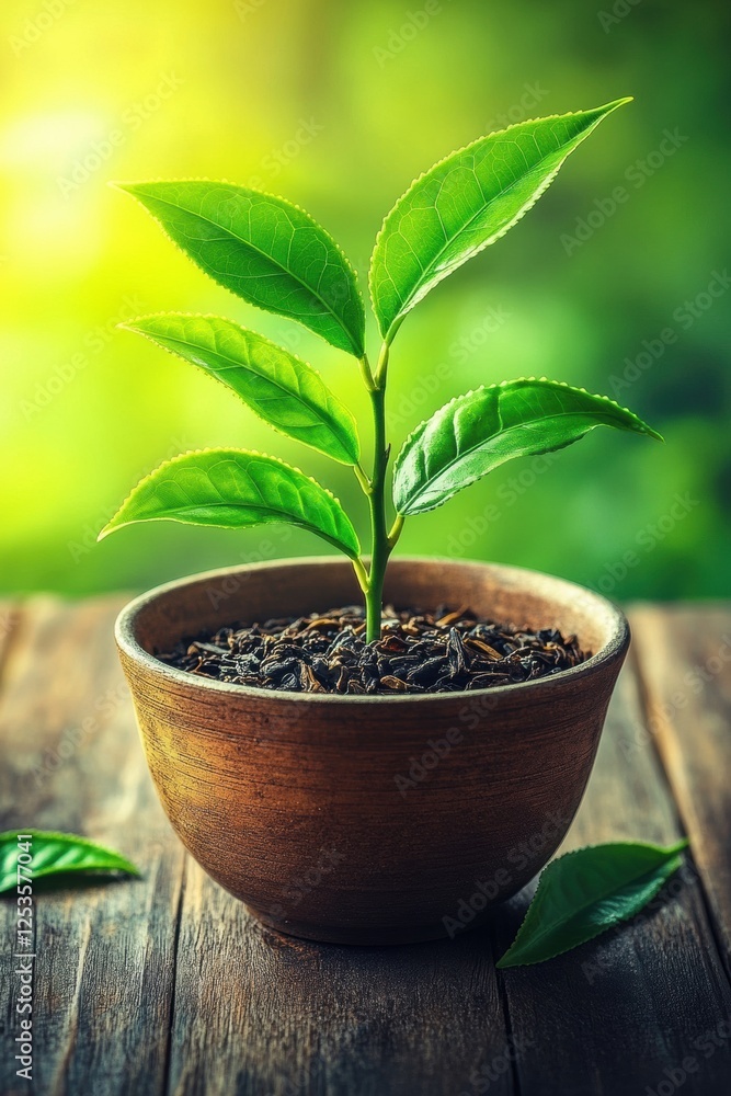 Growing tea plant in a rustic pot on wooden table surrounded by lush greenery in sunlight. Generative AI Growing tea plant in a rustic pot on wooden table surrounded by lush greenery in sunlight. Generative AI