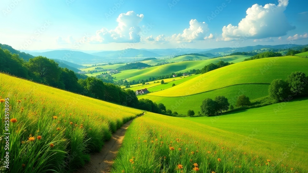 A Serene Pathway Winding Through Verdant Rolling Hills and Sunlit Meadows, Adorned with Blossoming Wildflowers Under a Bright Sky A Serene Pathway Winding Through Verdant Rolling Hills and Sunlit Meadows, Adorned with Blossoming Wildflowers Under a Bright Sky
