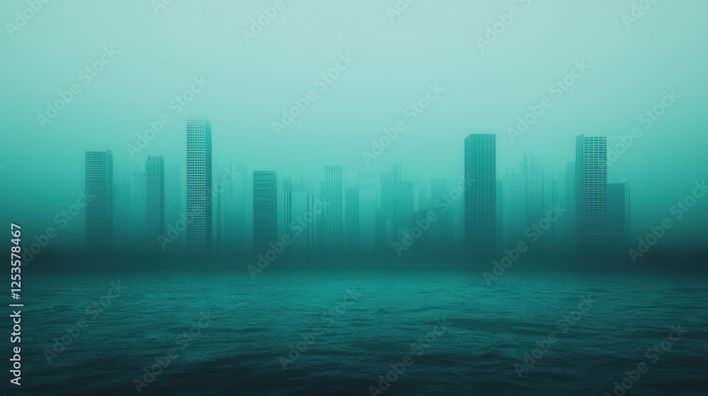 Fototapeta premium Mysterious Urban Landscape in Fog with Water Reflection at Dusk
