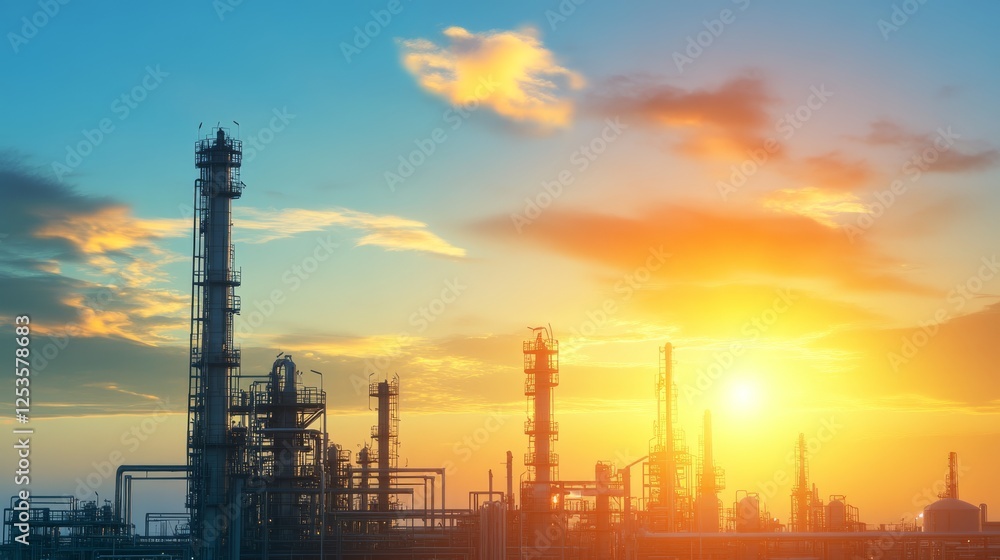 Dramatic orange sunset over a large industrial refinery, stunning landscape of energy and industry Dramatic orange sunset over a large industrial refinery, stunning landscape of energy and industry