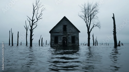 Abandoned House Surrounded by Flooded Water and Dead Trees