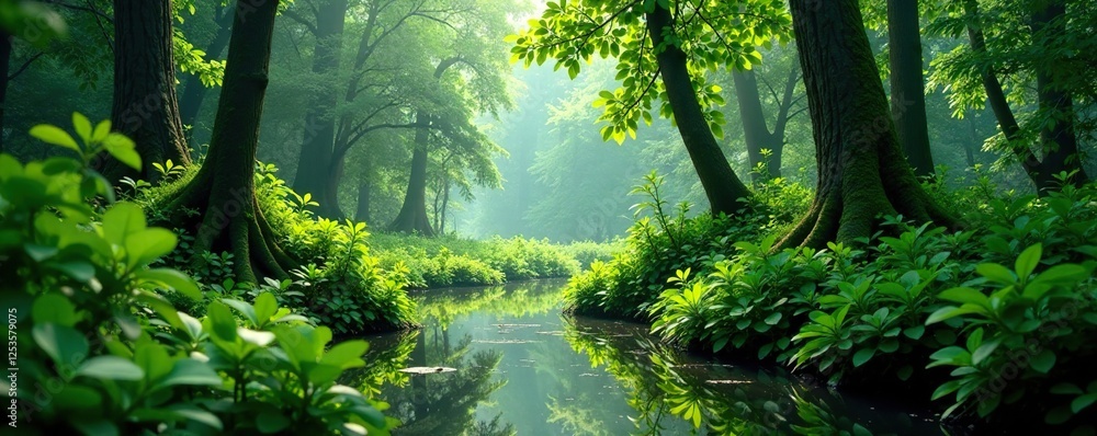 Naklejka premium Overgrown vegetation in a secluded forest marsh, peace, overgrowth, serene atmosphere