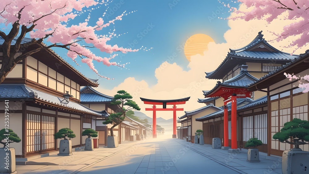 Fototapeta premium Serene illustration of a quintessential Japanese street scene at dawn