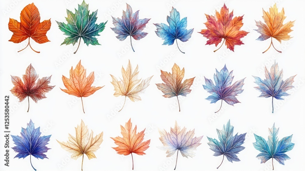 Isolated leaf collection, colorful autumn maple leaves on white background Isolated leaf collection, colorful autumn maple leaves on white background