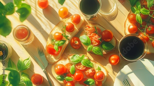 Bruschetta with Tomatoes and Basil on Wooden Table in Sunlit Setting photo