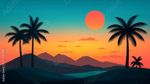 Tropical Sunset Landscape Silhouetted Palm Trees Mountains and Vibrant Sky