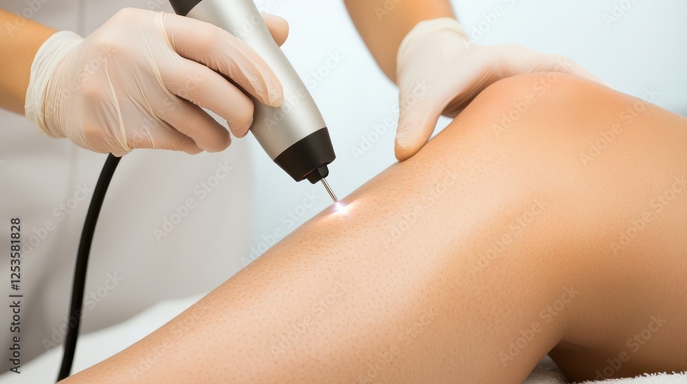 Laser YAG Hair Removal Concept, Technician Using Handheld YAG Laser Device for Hair Removal or Skin Treatment on Client's Leg Laser YAG Hair Removal Concept, Technician Using Handheld YAG Laser Device for Hair Removal or Skin Treatment on Client's Leg