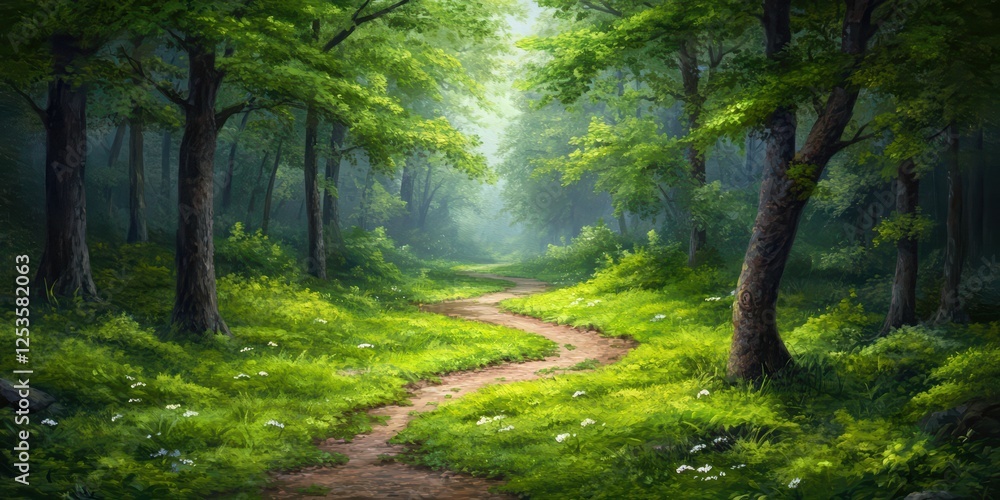 Obraz premium Serene Forest Pathway with Lush Greenery and Sunlight Filtering Through